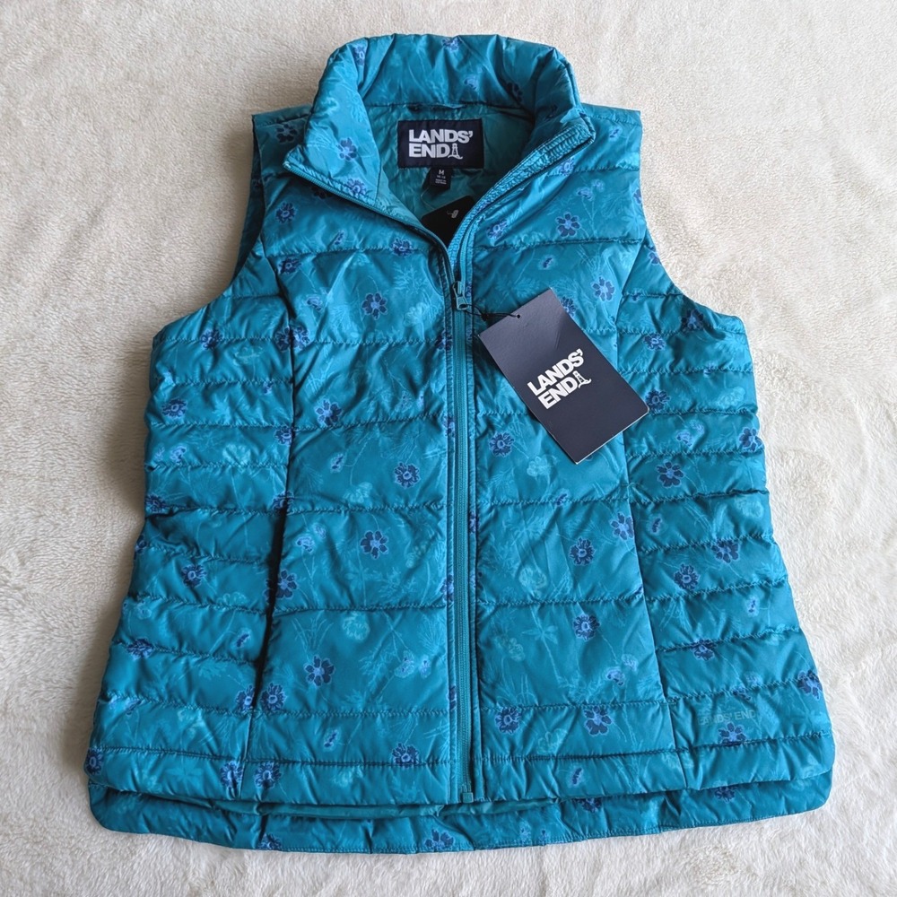 Lands End Womens 600 Fill Down Puffer Vest Teal Floral Print Size M 10-12 NEW
